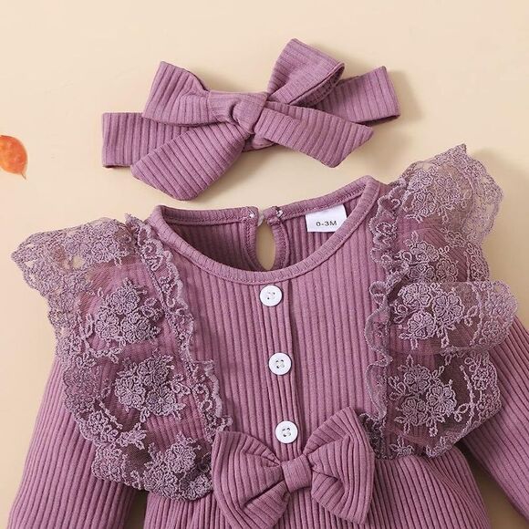 Newborn Infant purple size 0/3 mos Girl Ruffle Long Sleeve Romper Jumpsuit Bowkn - Picture 6 of 10
